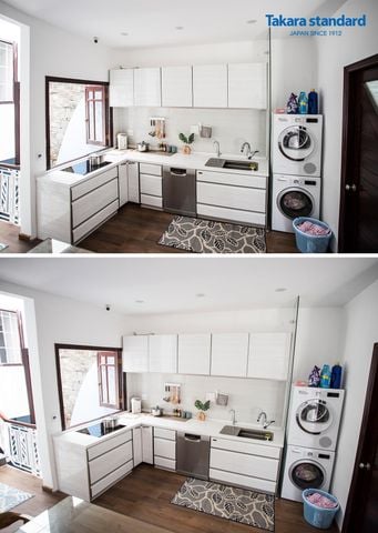 Hệ Tủ Bếp Nhật Bản LEMURE Chữ L Màu Trắng Vân Gỗ - Công Trình Thảo Điền Quận 2