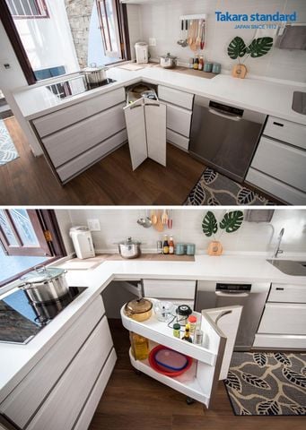 Hệ Tủ Bếp Nhật Bản LEMURE Chữ L Màu Trắng Vân Gỗ - Công Trình Thảo Điền Quận 2