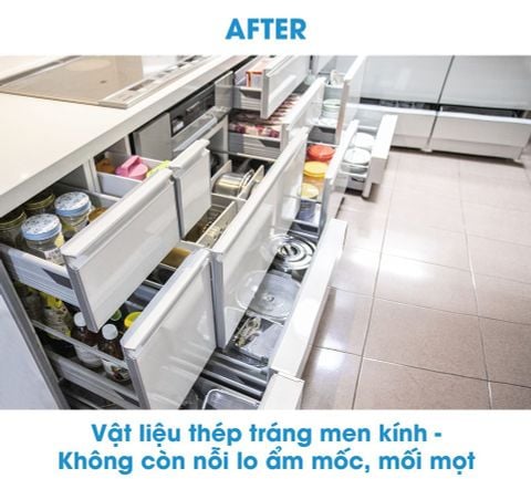 Tủ Bếp Treasia Chữ L Màu VFW (Trắng Vân Gỗ) -Công Trình Tại Nhà Phố Quận 1