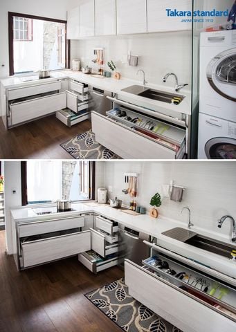Hệ Tủ Bếp Nhật Bản LEMURE Chữ L Màu Trắng Vân Gỗ - Công Trình Thảo Điền Quận 2
