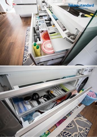 Hệ Tủ Bếp Nhật Bản LEMURE Chữ L Màu Trắng Vân Gỗ - Công Trình Thảo Điền Quận 2