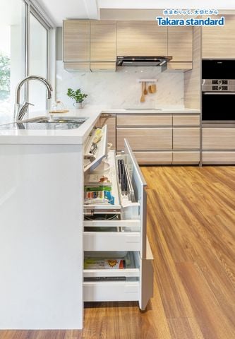 Hệ Tủ Bếp Nhật Bản Lemure Cao Cấp Hình Chữ L Màu Vân Gỗ