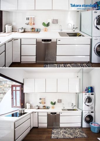 Hệ Tủ Bếp Nhật Bản LEMURE Chữ L Màu Trắng Vân Gỗ - Công Trình Thảo Điền Quận 2