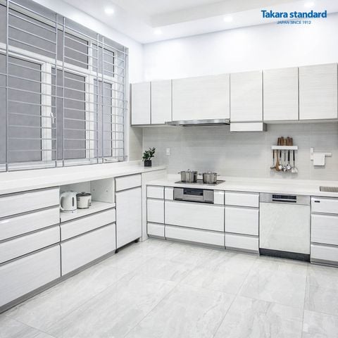 Hệ Tủ bếp Cao Cấp LEMURE Chữ L Màu LXW (Trắng Vân Gỗ) - Nhà Phố Quận Bình Thạnh