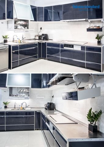 Hệ Tủ Bếp Lemure Chữ L Màu Xanh Gốm (LUN) - Nhà Phố Quận Bình Thạnh