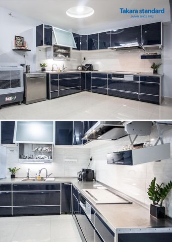 Hệ Tủ Bếp Lemure Chữ L Màu Xanh Gốm (LUN) - Nhà Phố Quận Bình Thạnh