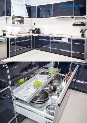 Hệ Tủ Bếp Lemure Chữ L Màu Xanh Gốm (LUN) - Nhà Phố Quận Bình Thạnh