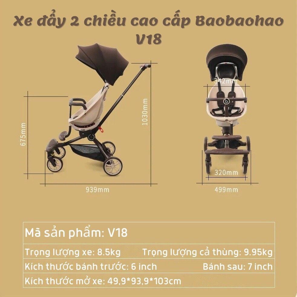  Xe Đẩy Gấp Gọn BAOBAOHAO V18 Kèm Gối Da Và Đệm Ngồi Ngã Lưng Với 5 Chế Độ Có Mái Vòm - Hàng Chính Hãng 