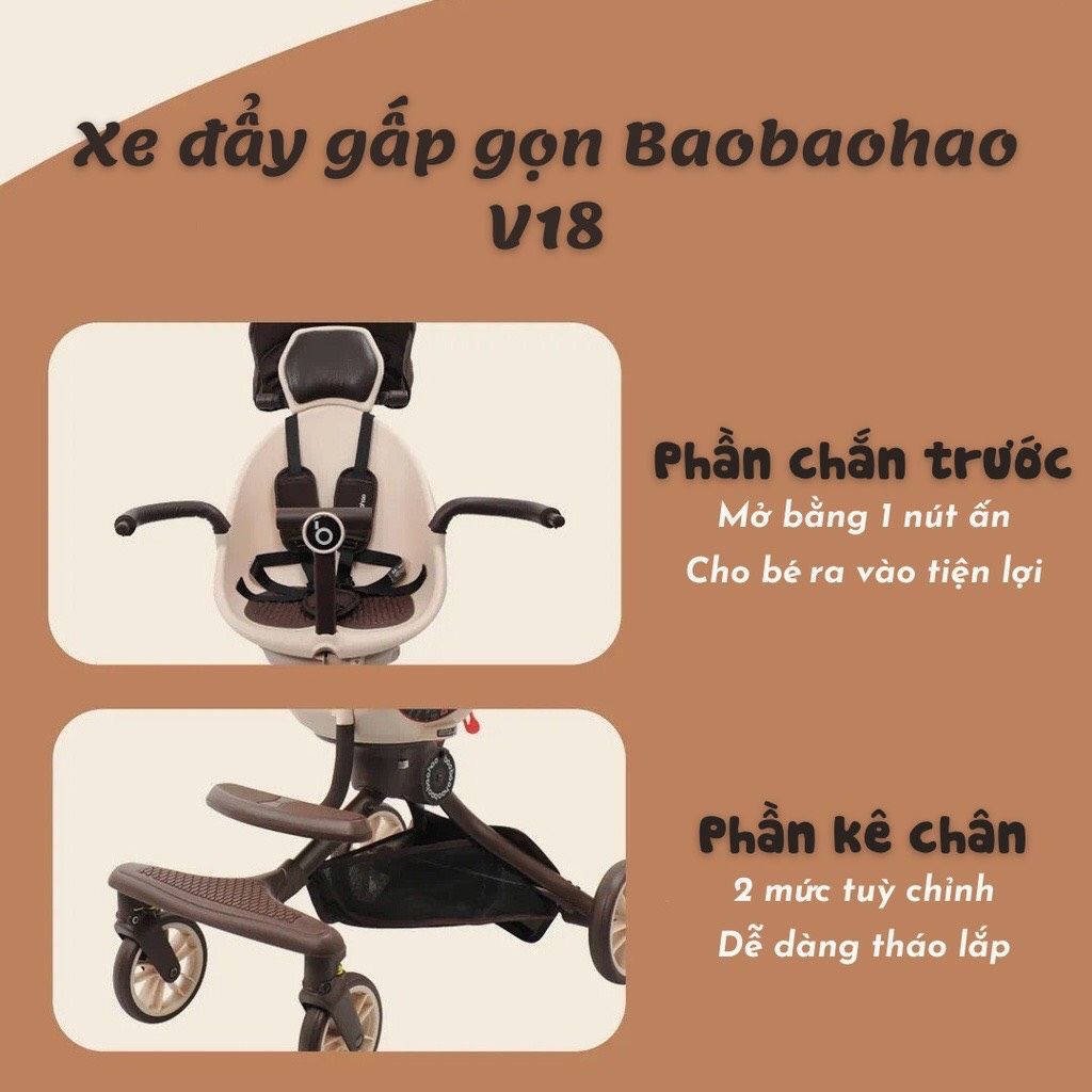  Xe Đẩy Gấp Gọn BAOBAOHAO V18 Kèm Gối Da Và Đệm Ngồi Ngã Lưng Với 5 Chế Độ Có Mái Vòm - Hàng Chính Hãng 