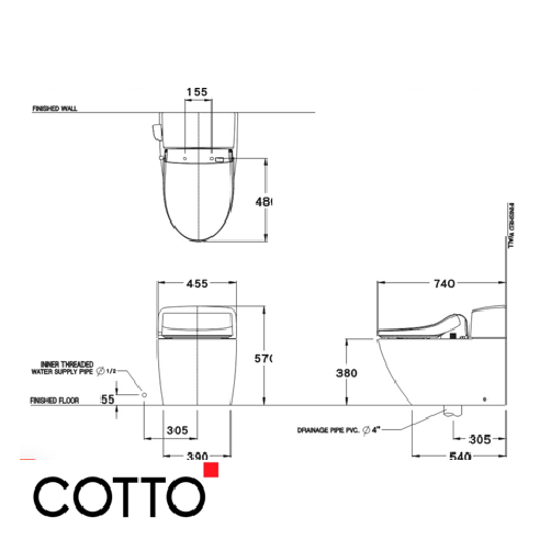  Bồn cầu COTTO Một khối C100327(CVX) khối cảm ứng Tunio 