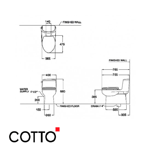  Bồn Cầu COTTO C1141 Một Khối Priz Xả Gạt 