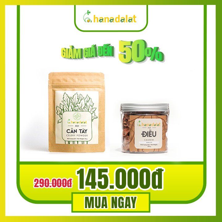  [COMBO KHUYẾN MÃI GIẢM 50%] Hana Dalat Bột Cần Tây gói - 50gr + Hạt Điều Rang muối - 200gr – Cải thiện sức khỏe tim mạch, hỗ trợ phòng chống ung thư 