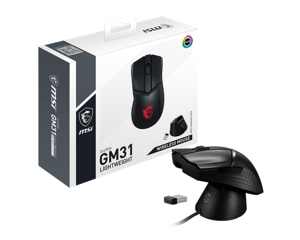 Chuột gaming không dây MSI Clutch GM31 Lightweight - 6400 DPI - Kết nối USB - Switch 60 triệu lần nhấn - Kèm cáp 2m