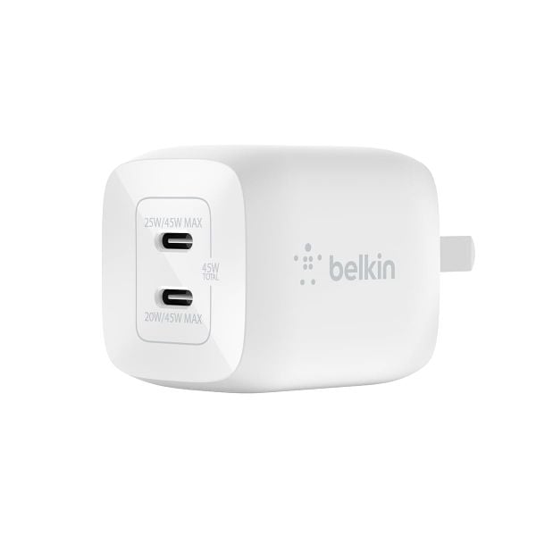Củ sạc nhanh Belkin 45W, 2 cổng USB-C, PD 3.0 PPS GaN