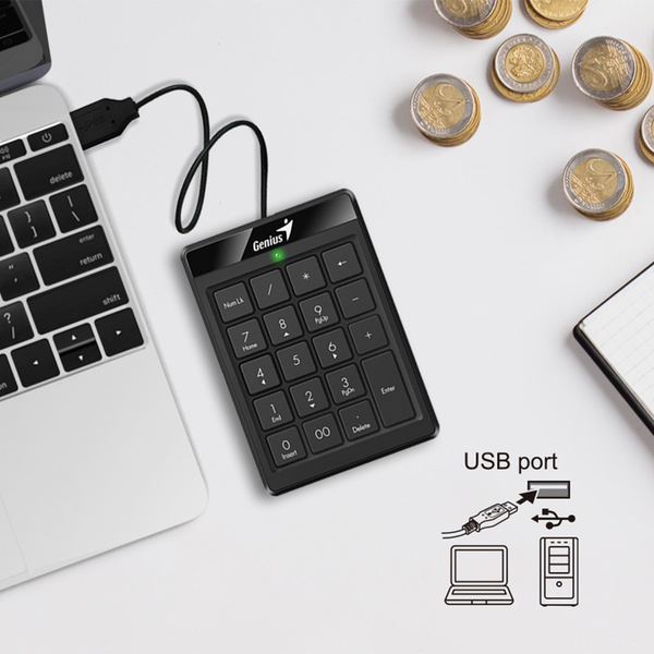Bàn phím số rời Genius NumPad 110 màu đen, có dây kết nối USB, 19 phím, 2 phím bổ sung, công thái học, Bảo hành chính hãng 1 đổi 1 trong 1 năm
