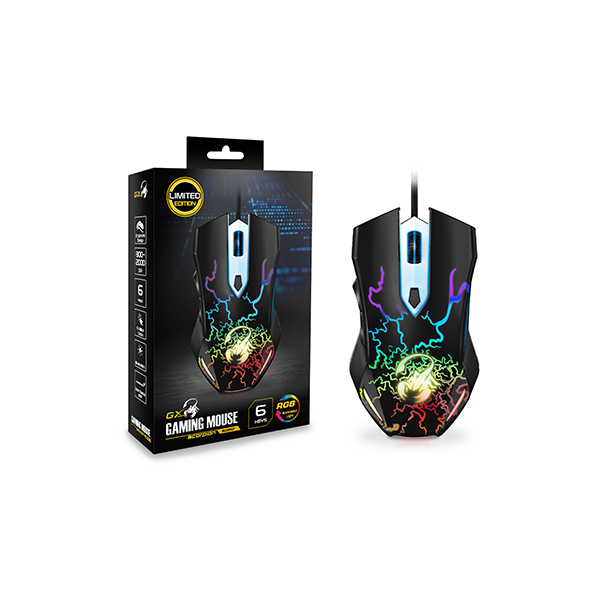 Chuột gaming có dây Genius Scorpion Spear màu đen - nhẹ, 6 nút lập trình, công thái học, đèn LED, DPI 2000