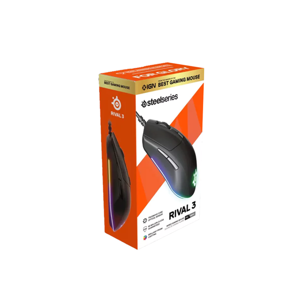 Chuột gaming có dây SteelSeries Rival 3 màu đen 77g, đèn RGB, 6 nút, 8500 CPI, 300IPS, 60 triệu clicks, bảo hành 1 năm