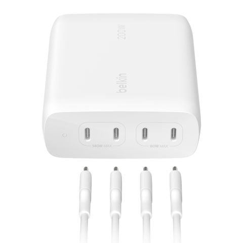 Adapter sạc nhanh 200WBelkin 4 cổng USB-C PD 3.0 GaN màu trắng