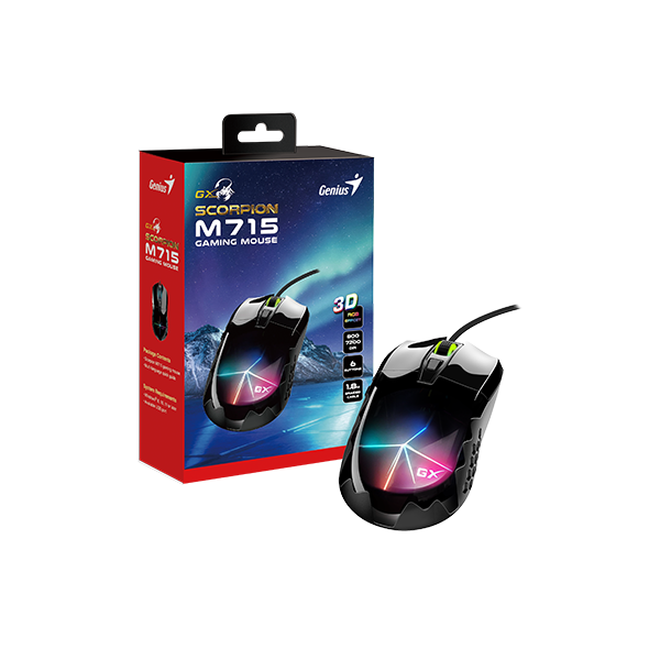 Chuột gaming có dây Genius Scorpion M715 màu đen - nhẹ, 6 nút lập trình, 7 màu LED, DPI 7200