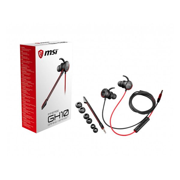 Tai nghe gaming nhét tai MSI Immerse GH10 có dây - Kết nối jack 3,5mm - Tương thích PC, Mac, PS5/4, XBOX - Màu đỏ đen