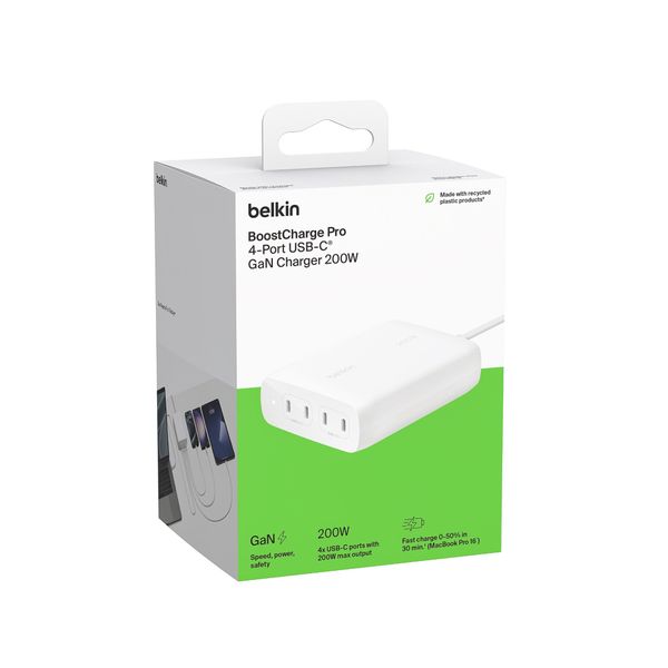 Adapter sạc nhanh 200WBelkin 4 cổng USB-C PD 3.0 GaN màu trắng