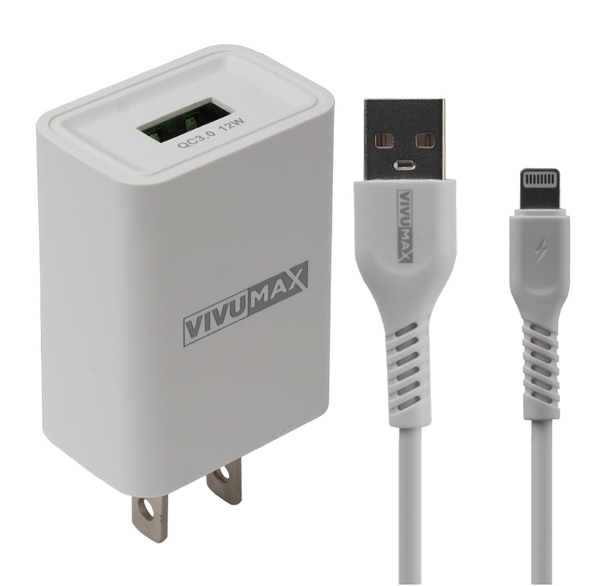 Bộ sạc và truyền dữ liệu Vivumax L2 QC3.0, 12W, 2.4A kèm cáp Lightning (IPhone/IPad/Airpod) – Hàng Chính Hãng, Bảo Hành Chính Hãng 12 Tháng (Đổi Mới)