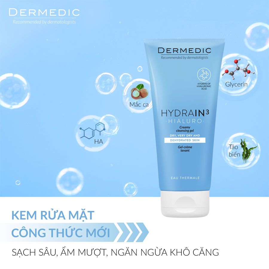  Sữa Rửa Mặt Cấp Ẩm & Mịn Da Dermedic Hydrain3 Hialuro Creamy Cleansing Gel 200ml 