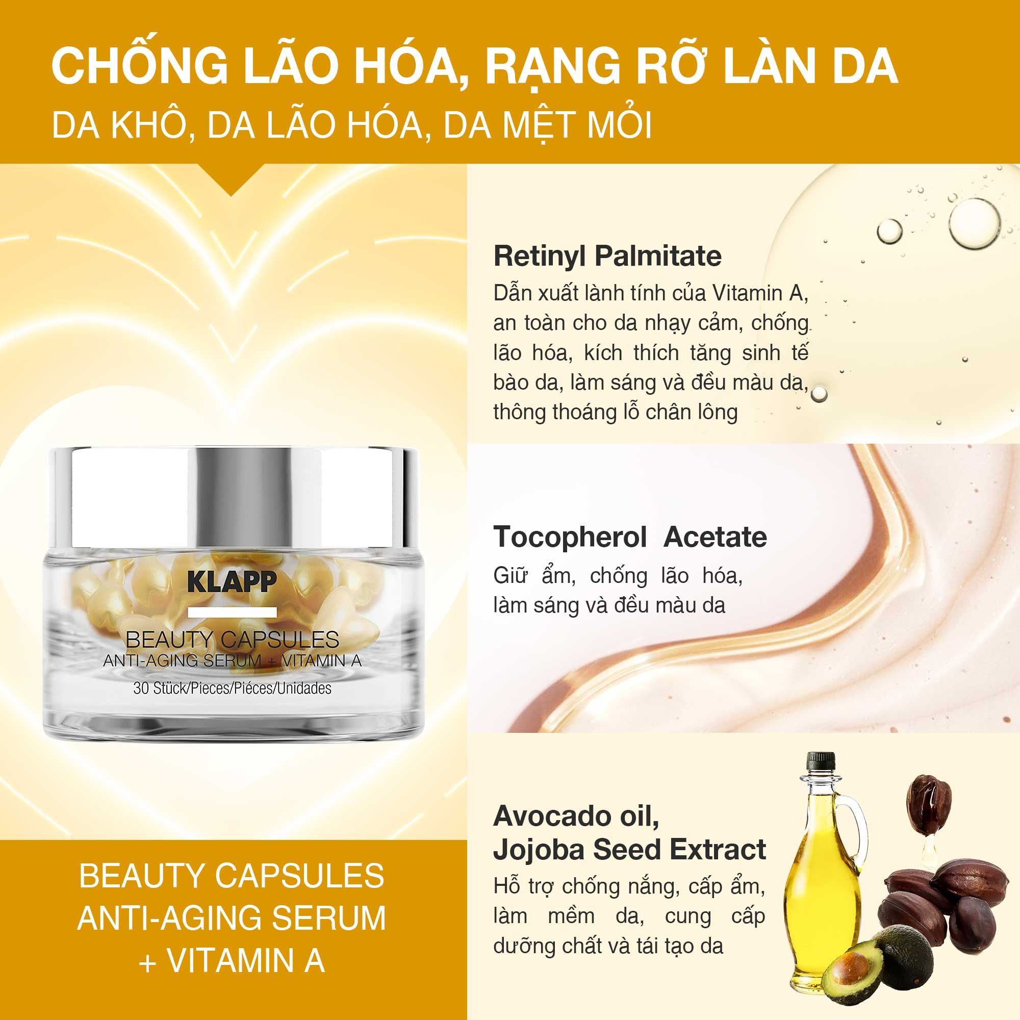  Tinh chất Vitamin A dạng viên nang chống lão hóa, rạng rỡ làn da Klapp Beauty Capsules Anti-Aging Serum + Vitamin A 