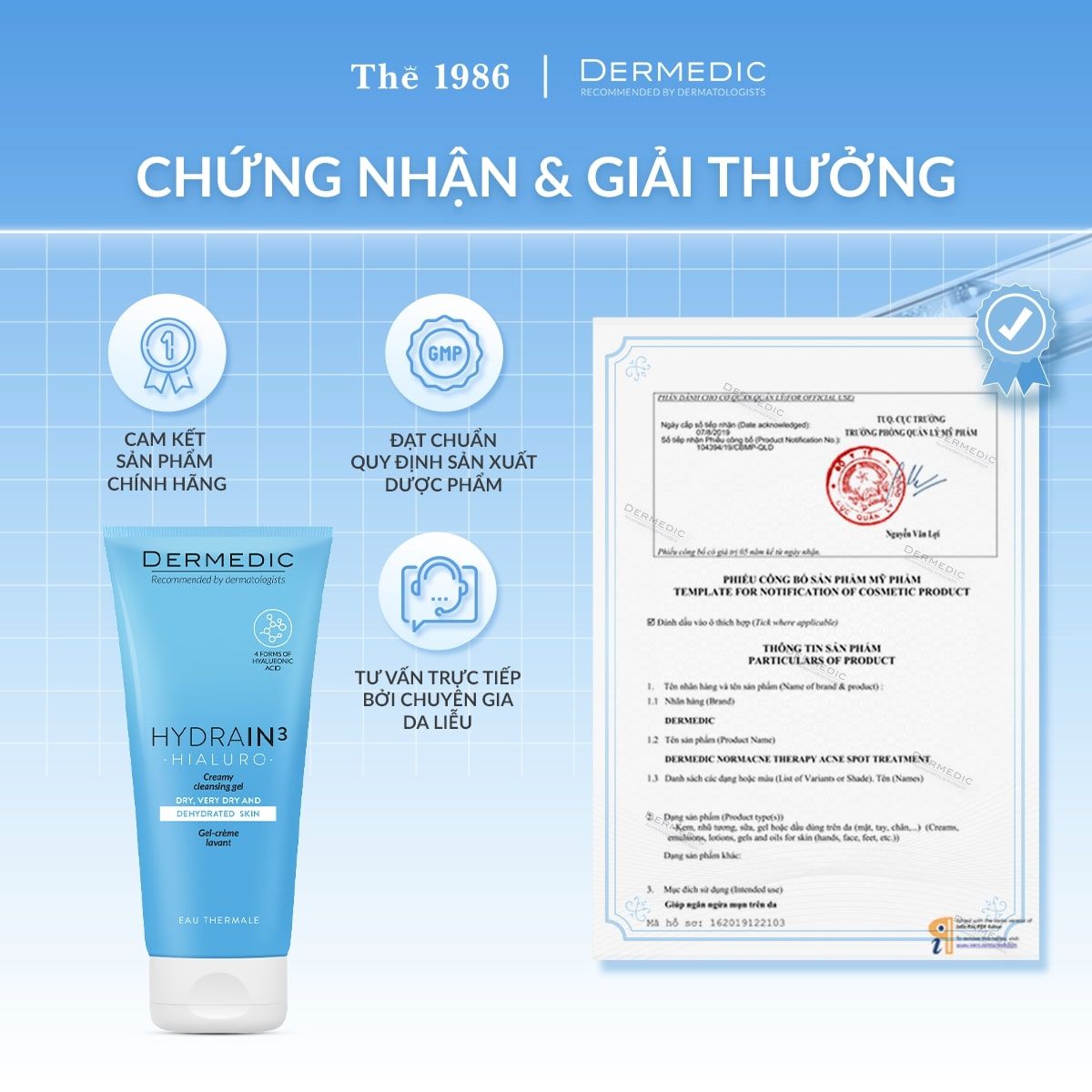  Sữa Rửa Mặt Cấp Ẩm & Mịn Da Dermedic Hydrain3 Hialuro Creamy Cleansing Gel 200ml 