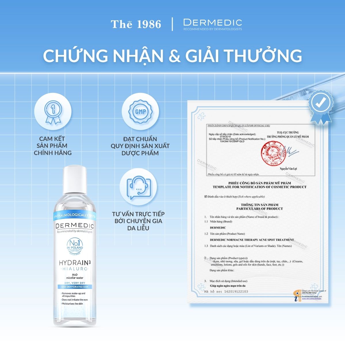  Nước tẩy trang Dermedic 2 in 1 cho da khô cấp ẩm HA Hydrain3 Hialuro Micellar Water H2O 200 ml 