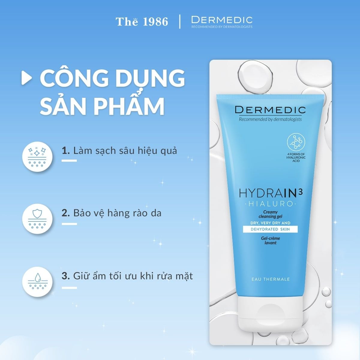  Sữa Rửa Mặt Cấp Ẩm & Mịn Da Dermedic Hydrain3 Hialuro Creamy Cleansing Gel 200ml 