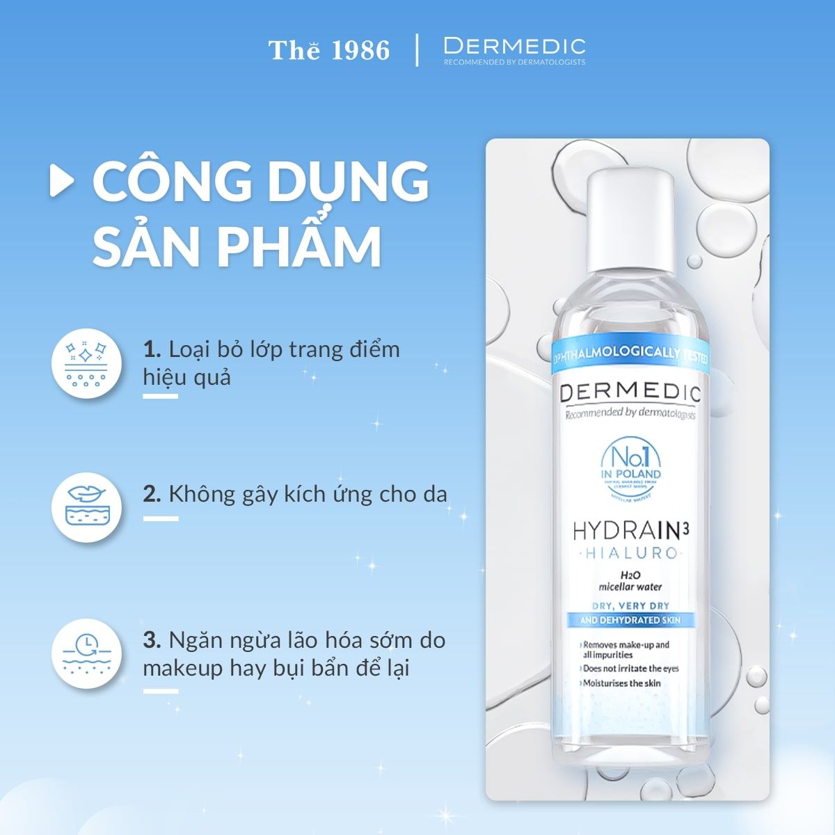  Nước tẩy trang Dermedic 2 in 1 cho da khô cấp ẩm HA Hydrain3 Hialuro Micellar Water H2O 200 ml 