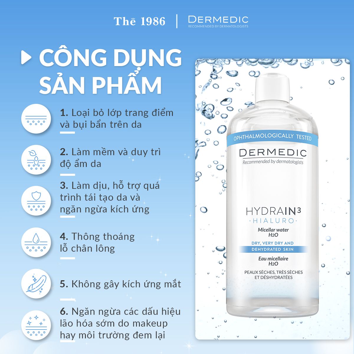  Nước tẩy trang Dermedic 2 in 1 cho da khô cấp ẩm HA Hydrain3 Hialuro Micellar water H2O 500 ml 