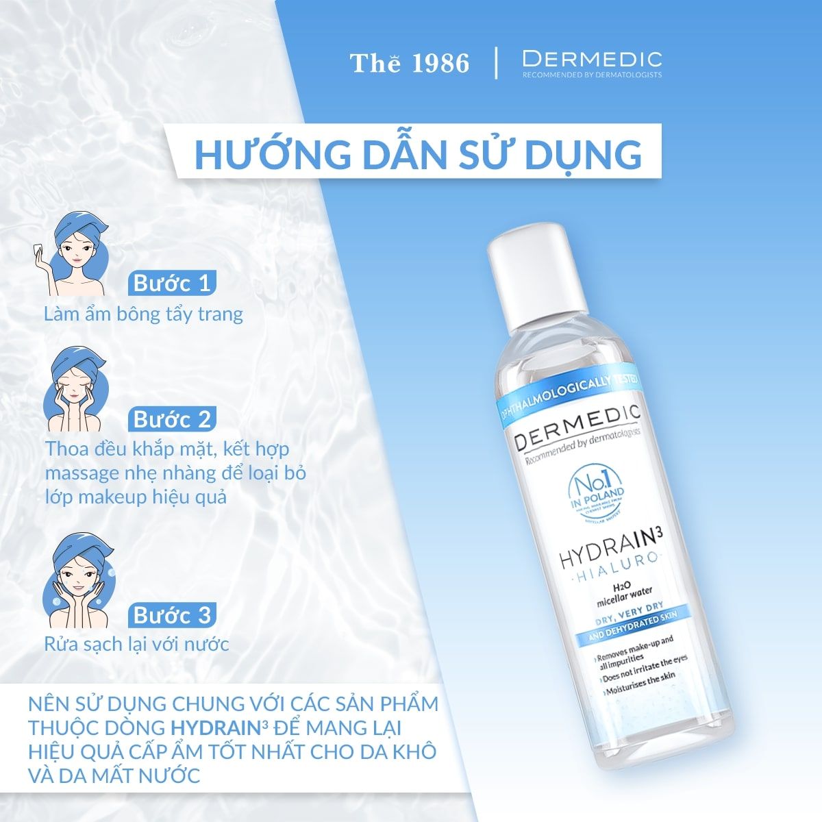  Nước tẩy trang Dermedic 2 in 1 cho da khô cấp ẩm HA Hydrain3 Hialuro Micellar Water H2O 200 ml 