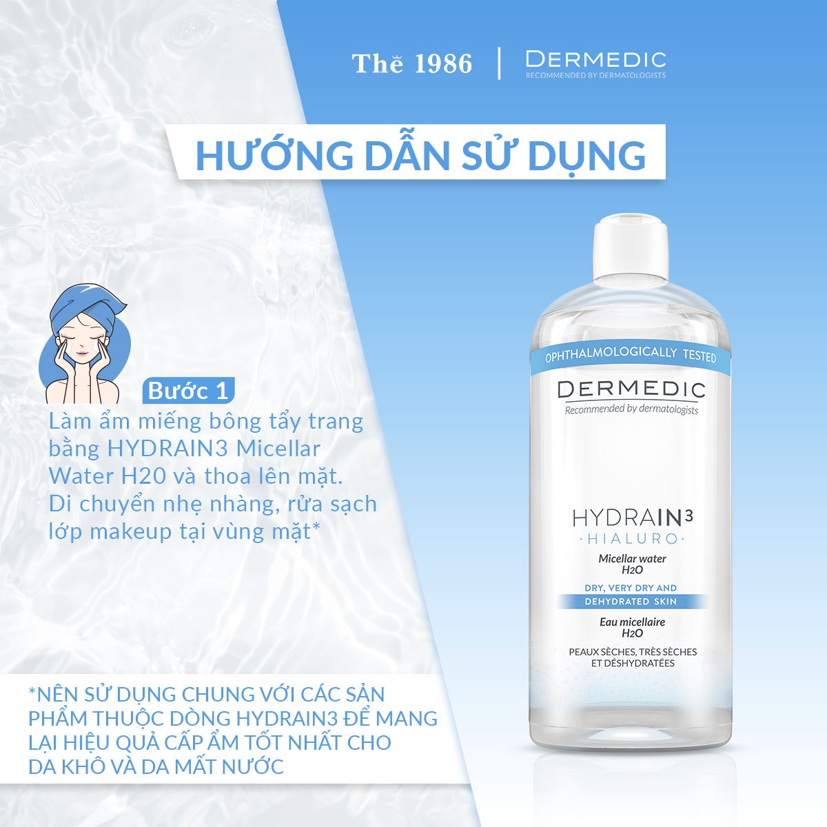  Nước tẩy trang Dermedic 2 in 1 cho da khô cấp ẩm HA Hydrain3 Hialuro Micellar water H2O 500 ml 