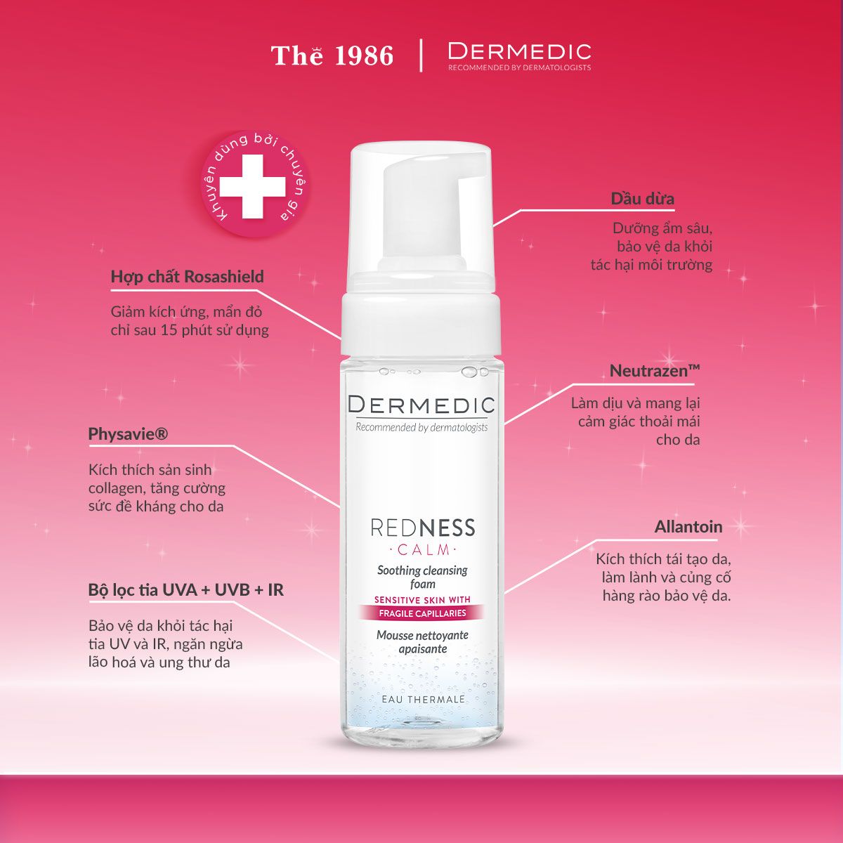  Bọt rửa mặt dành cho da nhạy cảm dễ kích ứng Dermedic Redness Calm Soothing cleansing foam 170ml 