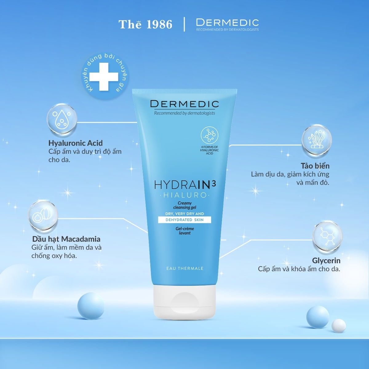  Sữa Rửa Mặt Cấp Ẩm & Mịn Da Dermedic Hydrain3 Hialuro Creamy Cleansing Gel 200ml 