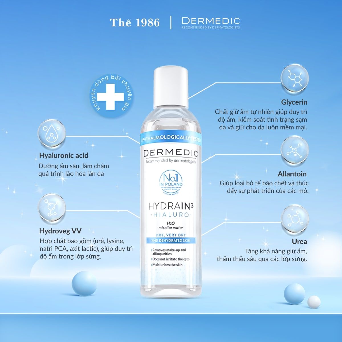  Nước tẩy trang Dermedic 2 in 1 cho da khô cấp ẩm HA Hydrain3 Hialuro Micellar Water H2O 200 ml 
