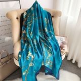  Khăn Lụa Họa Tiết Cành Hoa Trên Nền Xanh Dương - Kích thước 180 * 90cm 