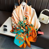  Khăn Lụa Họa Tiết Lá Màu Cam và Xanh Ngọc - Kích thước 180 * 90cm 