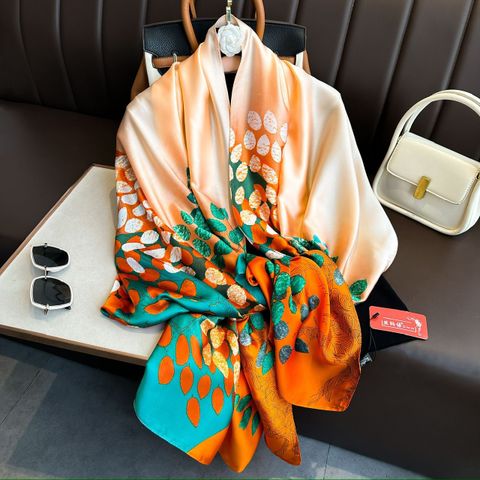  Khăn Lụa Họa Tiết Lá Màu Cam và Xanh Ngọc - Kích thước 180 * 90cm 