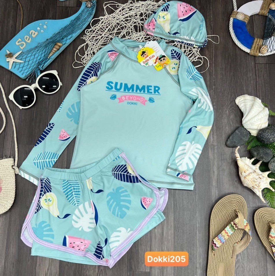  Đồ bơi bé gái 2 lớp dáng dài tay quần short thể thao in chữ Summer 