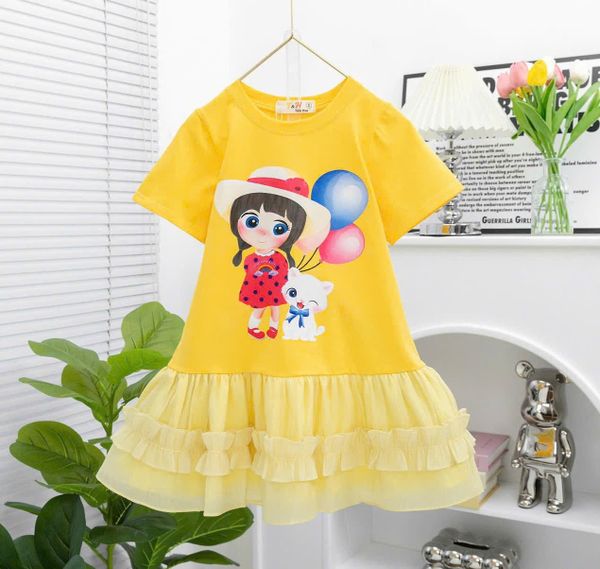  D36 _ Đầm thun bé gái phối voan nhúng bèo họa tiết cô gái cầm bong bóng đáng yêu _ Beekids 