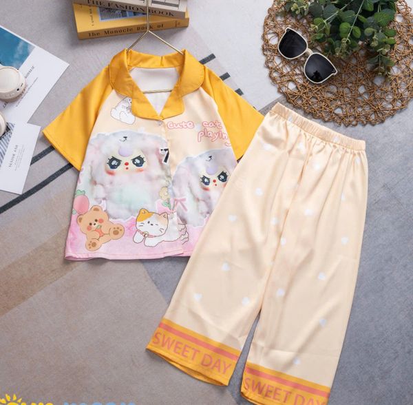  DB19 _ Bộ Pijama bé gái quần dài chất lụa mềm mát hình con mèo đáng yêu _ Beekids 