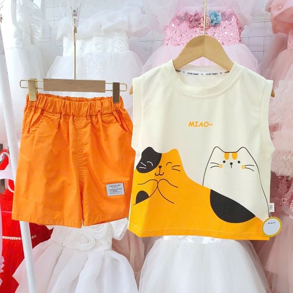  S41 _ Bộ quần áo ba lỗ cho bé in hình con mèo dễ thương _ Beekids 