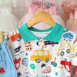  S42 _ Bộ bé trai áo cổ trụ in hình ô tô phối quần jean denim mềm mại _ Beekids 