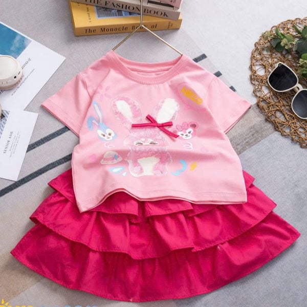  Set váy bé gái 3 tầng phối áo thun họa tiết thỏ đính nơ xinh xắn S36 _ Beekids 