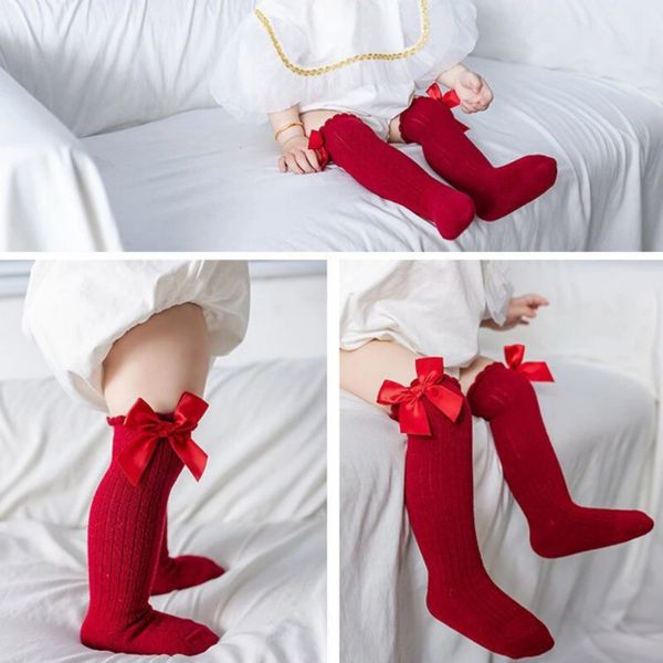  V01 _ Vớ cotton cao đến đầu gối chống trượt đính nơ xinh xắn cho bé gái _ Beekids 