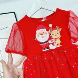  Đầm noel phối lưới đính kim sa ngôi sao lấp lánh in hình ông già noel, tuần lộc dễ thương 