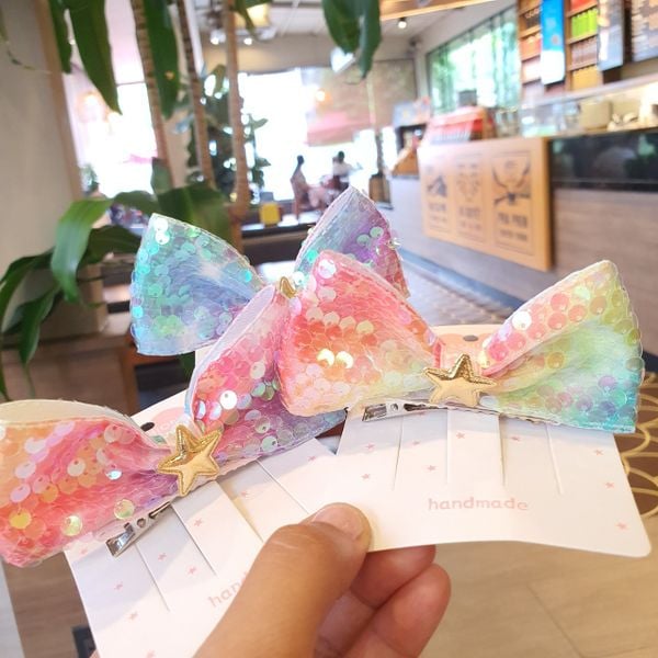  Kẹp tóc nơ kim sa cầu vồng lấp lánh đính ngôi sao xinh xắn 